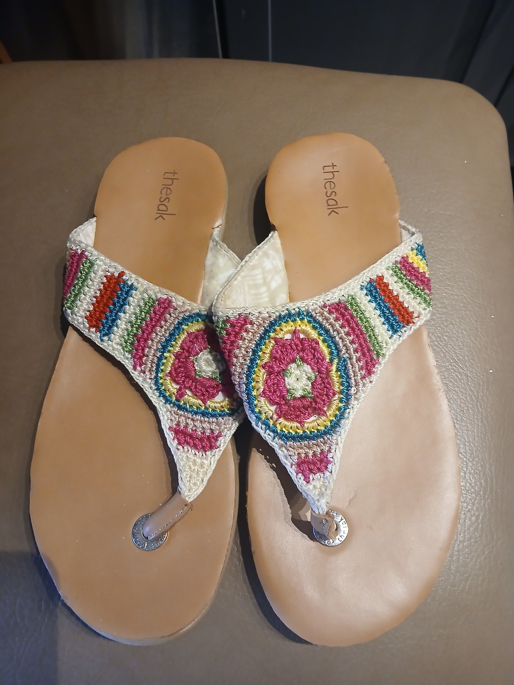 The Sak Multicolor Crochet T-strap Sandals in Tan